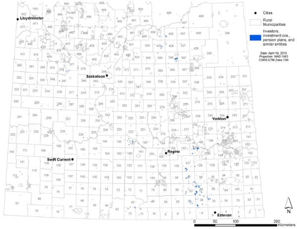 Figure 1. Locations of parcels owned by investors, 2002. Credits: Map prepared by Sarina Gersher using ArcGIS and source map data from ISC (Including Sask Grid, Rural Municipalities Boundary Overlay, Sask Surface Cadastral, and Ownership Datasets). Source map data utilized and reproduced with the permission of ISC. Additional data from Natural Resources Canada and GeoBase.